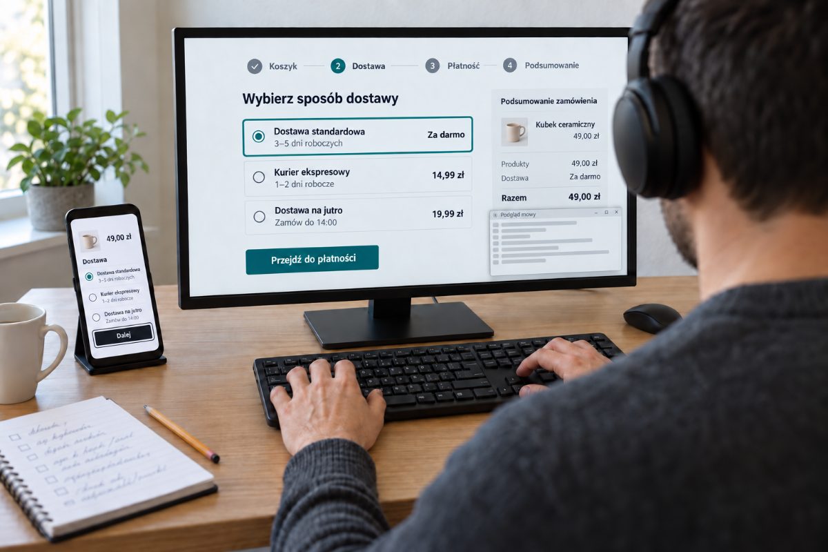 Audytor w&nbsp;słuchawkach, z&nbsp;dłońmi na klawiaturze, przechodzi przez zamówienie w&nbsp;sklepie internetowym. Na monitorze krok „Wybierz sposób dostawy” z&nbsp;wyraźną ramką wokół opcji „Dostawa standardowa” i&nbsp;okno „Podgląd mowy” czytnika ekranu.