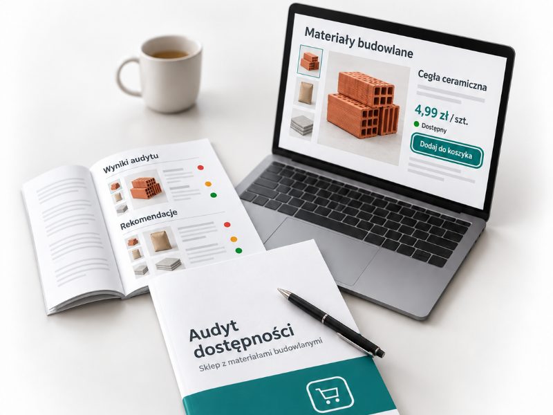 Raport „Audyt dostępności” sklepu z&nbsp;materiałami budowlanymi, obok otwarte strony „Wyniki audytu” i&nbsp;„Rekomendacje”. Dalej laptop z&nbsp;kartą produktu „Cegła ceramiczna” i&nbsp;przyciskiem „Dodaj do koszyka” w&nbsp;wyraźnej ramce.